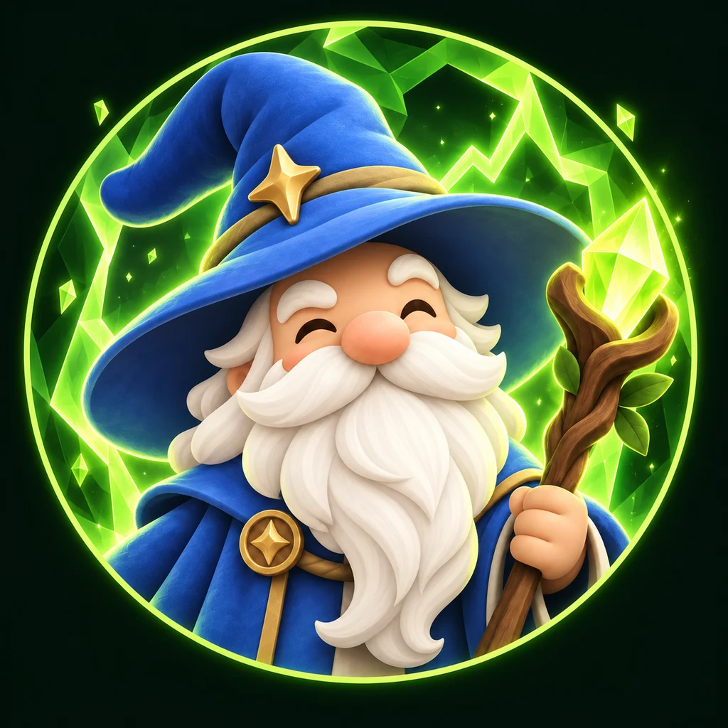 StockRift's cheerful blue-hatted mage