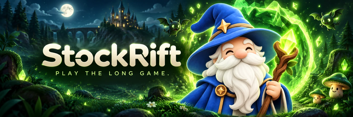 StockRift. Play the long game. Blue-hatted wizard and green portal.
