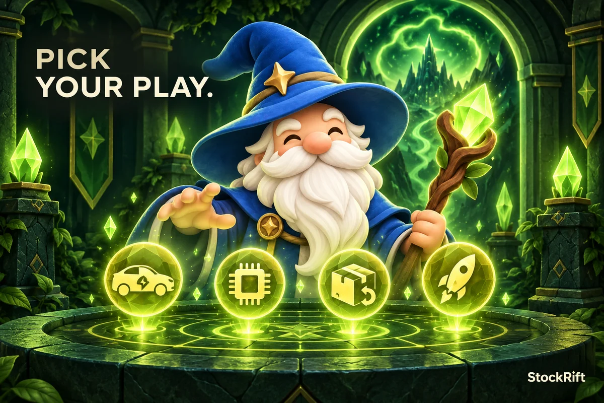 The StockRift mage choosing between car, chip, parcel and rocket sigils